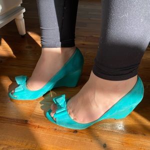 Teal bow wedges Franco Sarto heels
